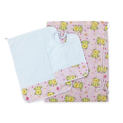 ENSEMBLE de maternelle Pierino Tris sac et serviette et bavoir dessin teddy bear