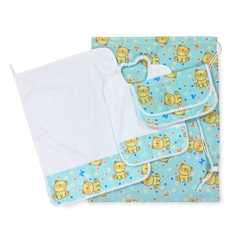 ENSEMBLE de maternelle Pierino 4 pièces sac et serviette et bavoir et SACHET dessin teddy ours