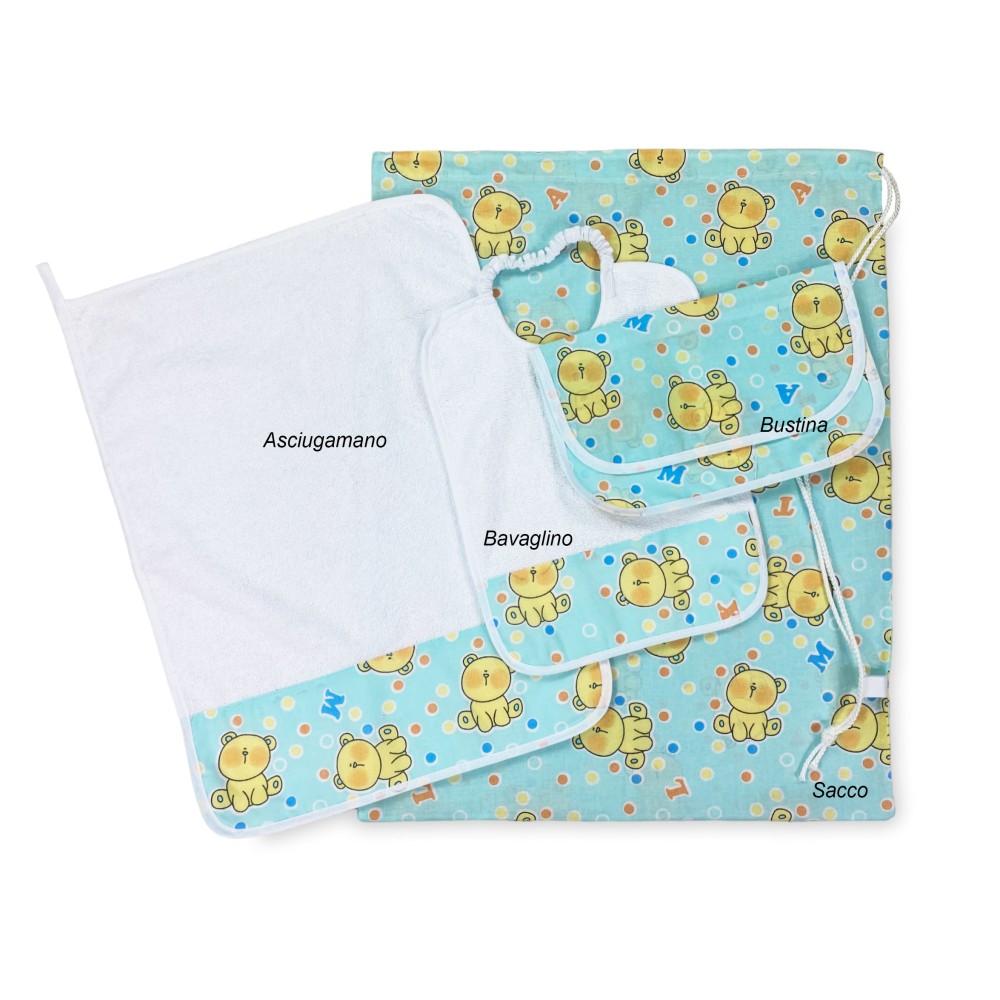 ENSEMBLE de maternelle Pierino 4 pièces sac et serviette et bavoir et SACHET dessin teddy ours