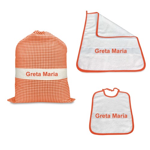 SET Asilo TRIS Sack and TOWEL and BIB CHECKERED Personalized and EMBROIDERED