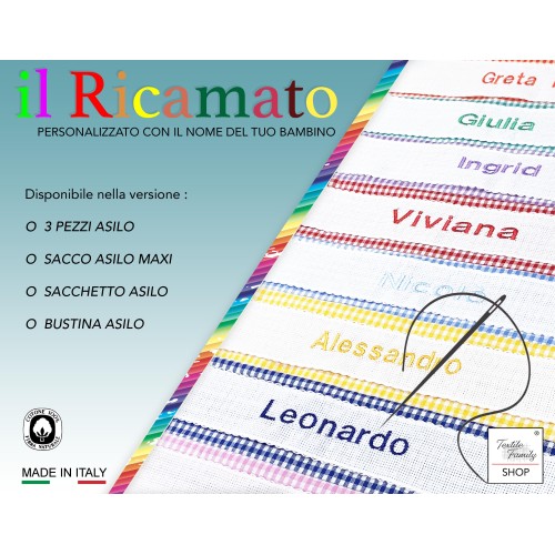 SACCHETTO Asilo RICAMATO e PERSONALIZZATO misura Cm. 34x48 a QUADRETTI
