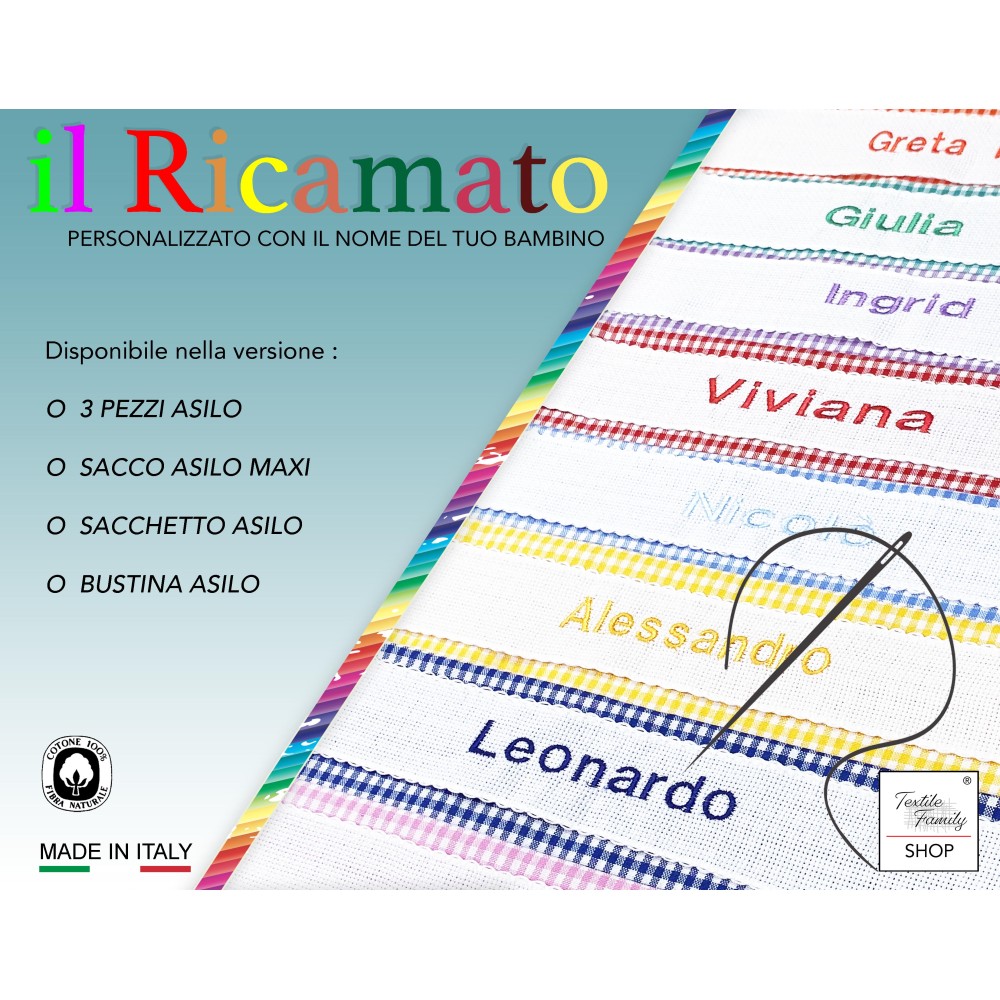 BUSTINA Asilo RICAMATA e PERSONALIZZATA a QUADRETTI