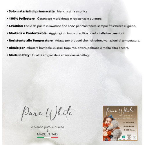 Ovatta Morbida e fioccata 100% Poliestere Made in Italy per riempimento di Bambole, Cuscini e Creazioni Fai da Te, Pure White