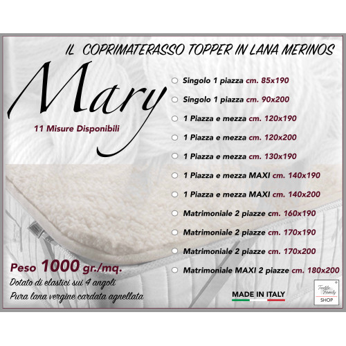 SURMATELAS MARY MARY en vraie LAINE MERINOS 1000 gr. en 11 tailles différentes