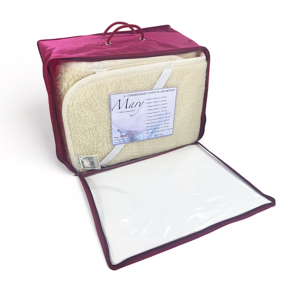 SURMATELAS MARY MARY en vraie LAINE MERINOS 1000 gr. en 11 tailles différentes