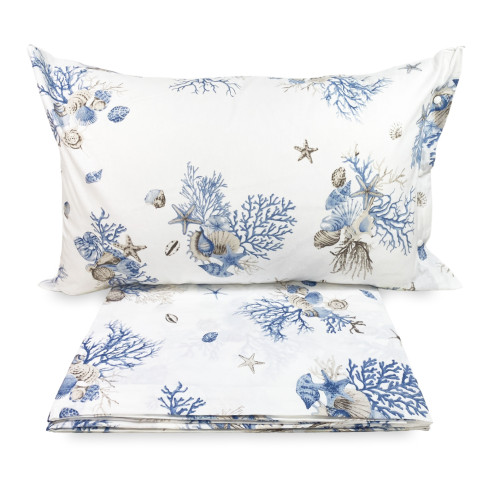 ENSEMBLE DE DRAPS CORAIL MARIN BLEU CLAIR en pur coton