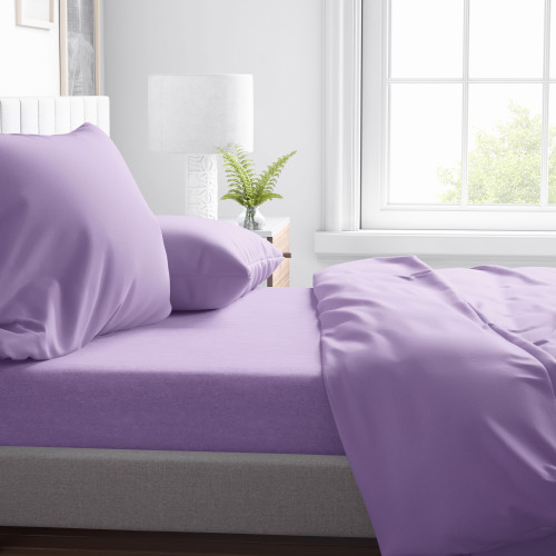 SHEET SET in soft microfiber SOLID COLOR LILAC Double 2 SQUARES no iron