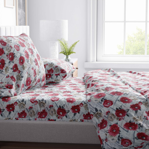 COMPLETO LENZUOLO in morbida microfibra FIORE Rosso Matrimoniale 2 PIAZZE no stiro