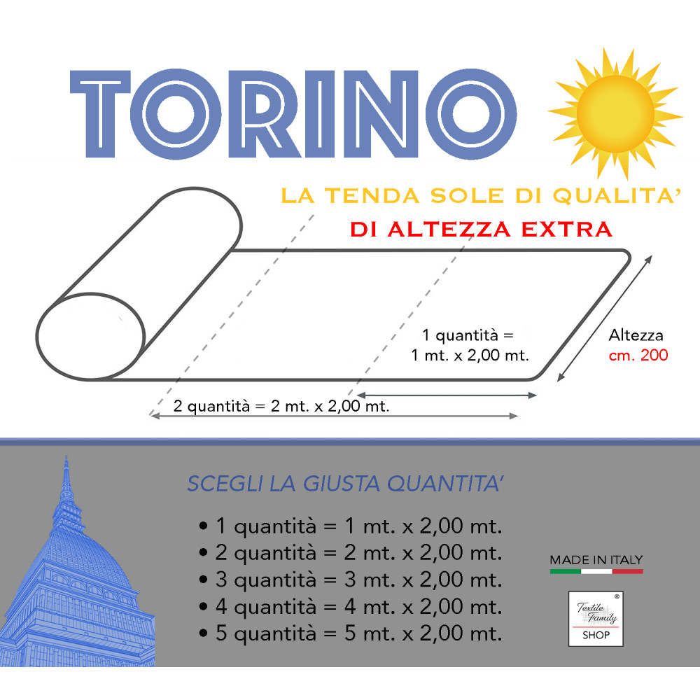 Tela de balcón de jardín exterior TORINO en acrílico altura 2 metros cm. 200 colores sólidos