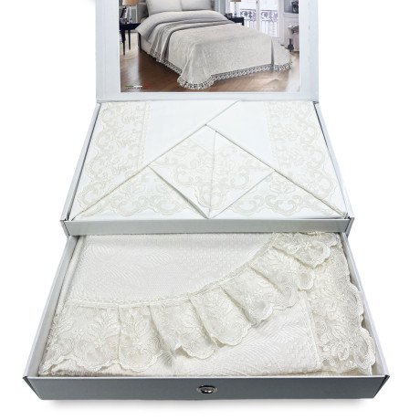 trunk, sheet and bedspread with lace, bridal idea