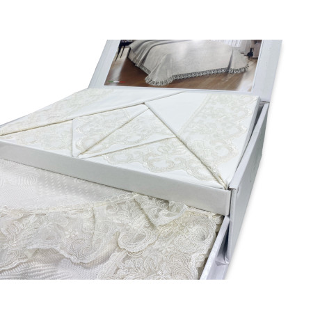 trunk, sheet and bedspread with lace, bridal idea