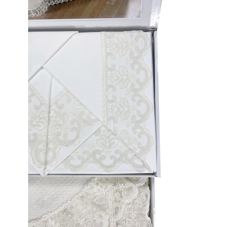 trunk, sheet and bedspread with lace, bridal idea
