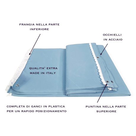 A solid blue awning