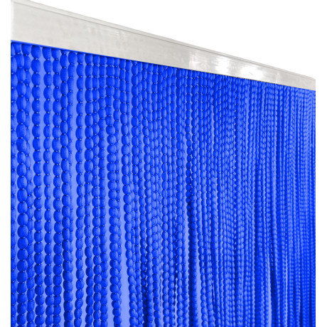 Beaded curtain in blue fabric