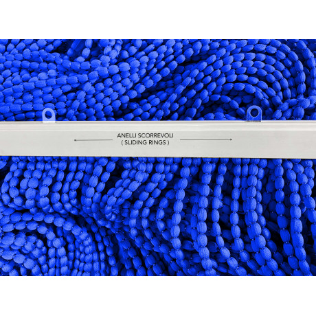 Beaded curtain in blue fabric