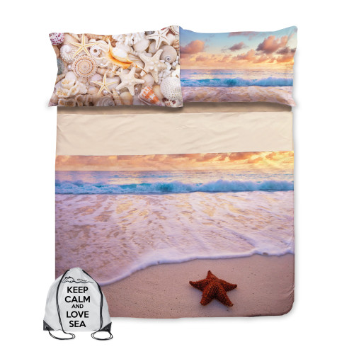 FEUILLE DE COUVERTURE DE LIT COMPLÈTE IMPRESSION NUMÉRIQUE COUVRE-LIT DE PLAGE ET DE MER AVEC SAC GARDER DOUBLE 2 carrés