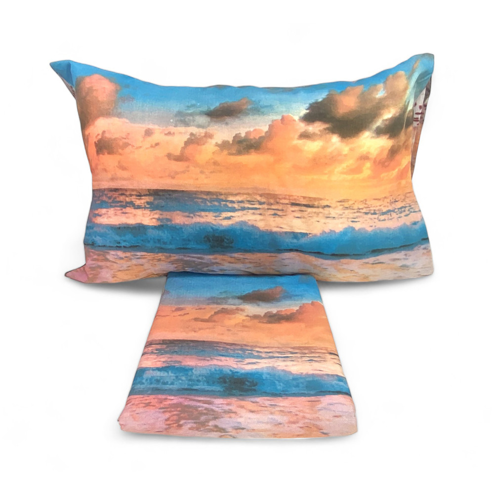 FEUILLE DE COUVERTURE DE LIT COMPLÈTE IMPRESSION NUMÉRIQUE COUVRE-LIT DE PLAGE ET DE MER AVEC SAC GARDER DOUBLE 2 carrés