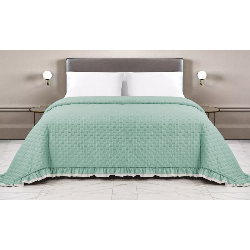 COPRILETTO trapuntato con Volant in TINTA Unita Matrimoniale Verde/Panna