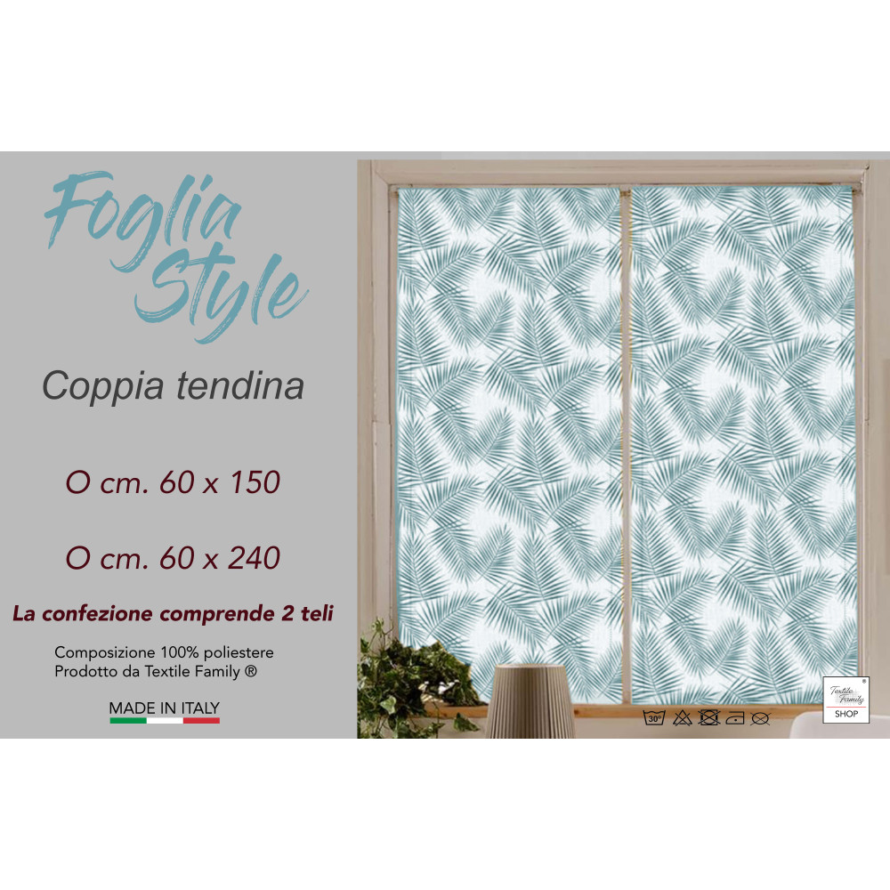 Coppia TENDINA a vetro FOGLIA STYLE BLU larga cm. 60 da Finestra e da Porta