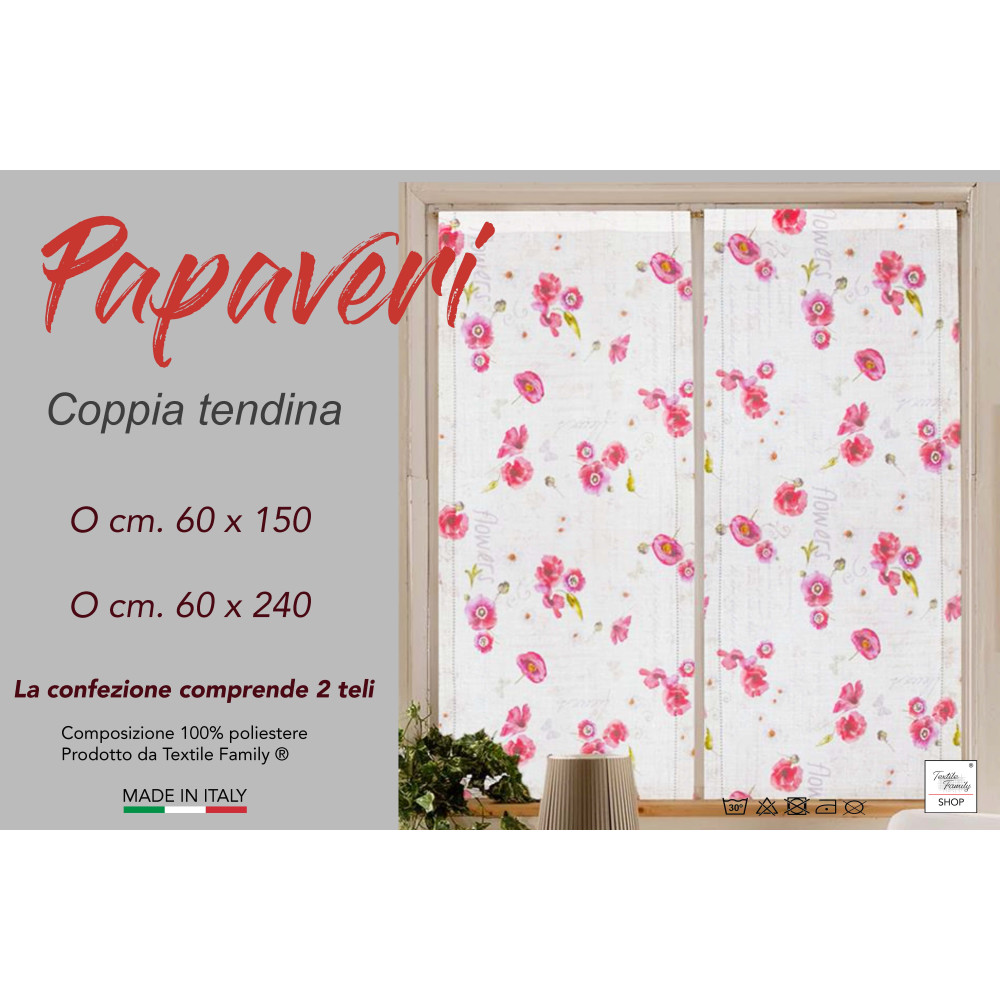 Coppia TENDINA a vetro PAPAVERI larga cm. 60 da Finestra e da Porta