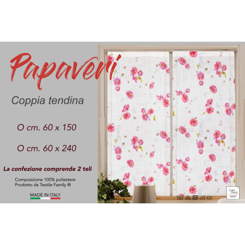 Par de cortinas de cristal AMAPOLAS de cm de ancho. 60 de la ventana y la puerta