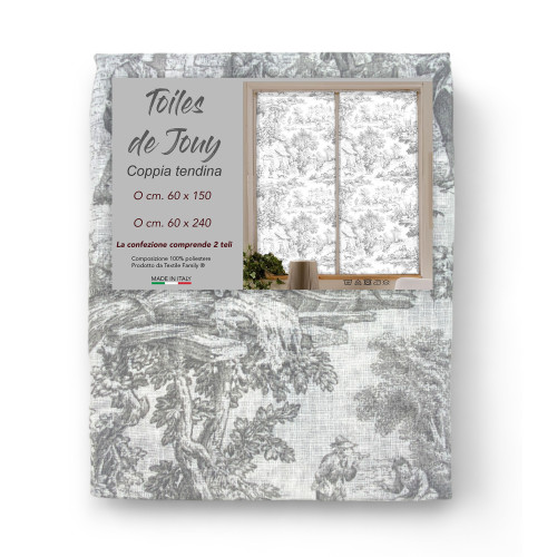 Coppia TENDINA a vetro TOILES DE JOUY Grigio larga cm. 60 da Finestra e da Porta