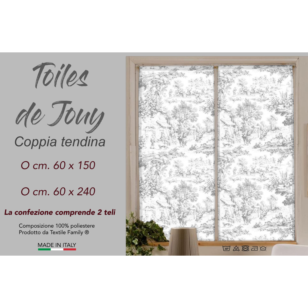 Coppia TENDINA a vetro TOILES DE JOUY Grigio larga cm. 60 da Finestra e da Porta