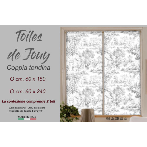 Coppia TENDINA a vetro TOILES DE JOUY Grigio larga cm. 60 da Finestra e da Porta