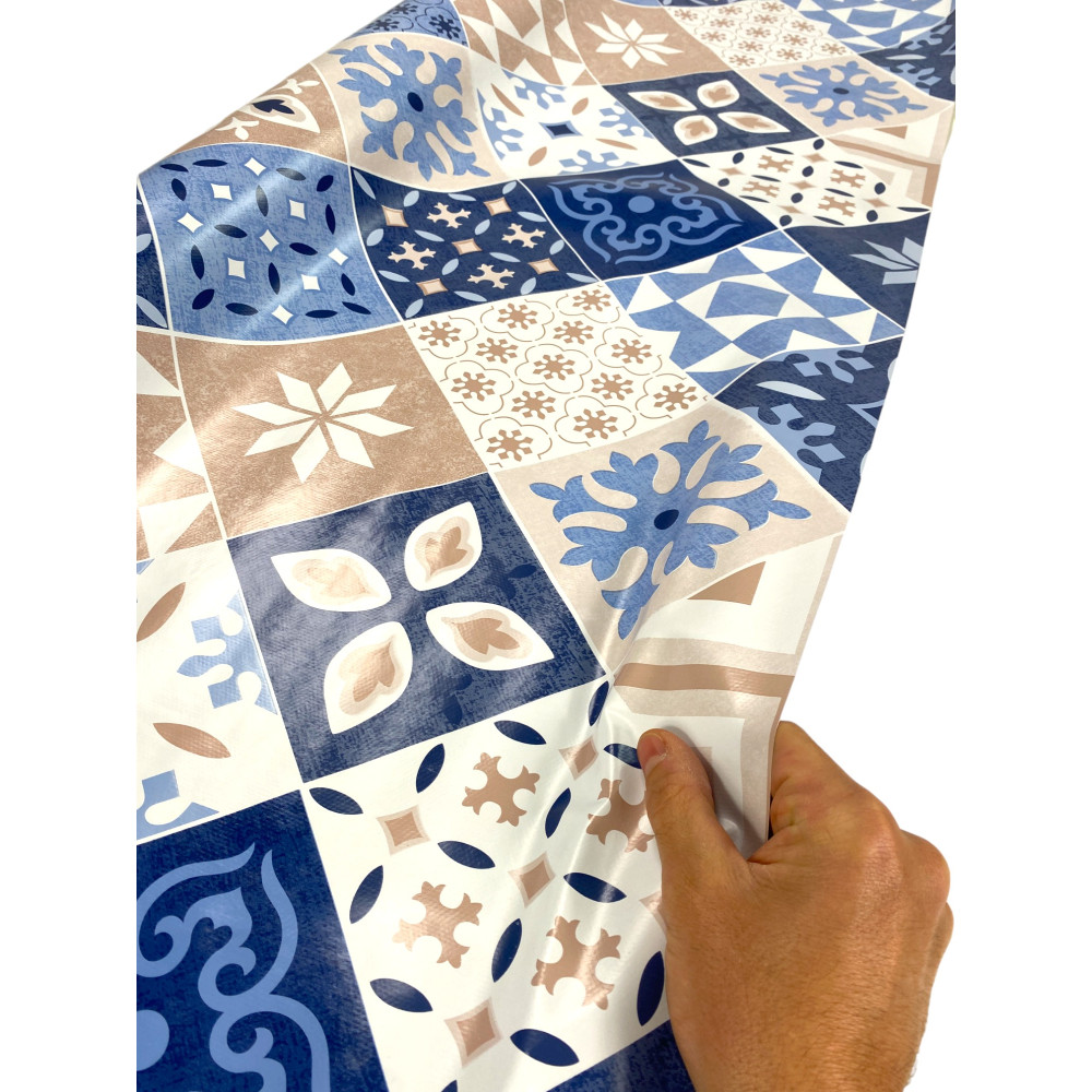 TOVAGLIA LIMA © in TELA CERATA plastificata LAVABILE idrorepellente in PVC MAIOLICHE Azzurre Made in Italy