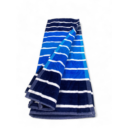 STRANDTUCH aus reinem Baumwollfrottee MULTISTRIPE Blau Größe cm. 90 X 165 und Strandrucksack