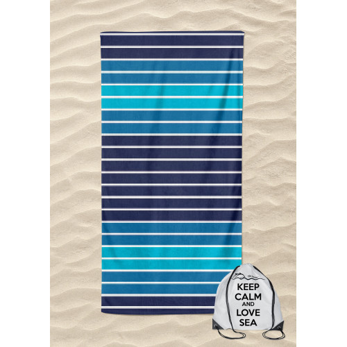 BEACH TOWEL in pure cotton terry MULTISTRIPE Blue large size cm. 90 X 165 and beach backpack