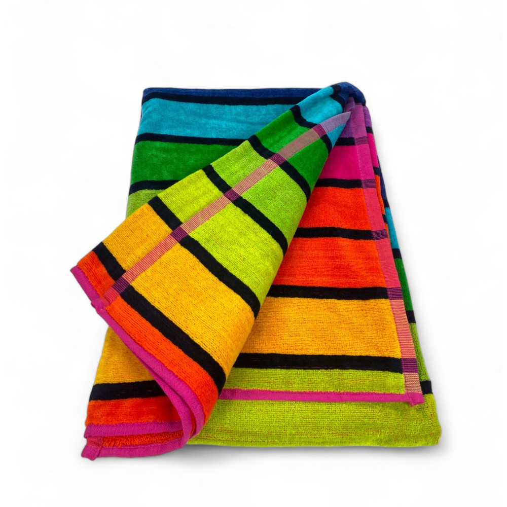 TOALLA DE PLAYA en rizo de puro algodón RIGA MULTICOLOR talla grande cm. 90 X 165 y mochila de playa
