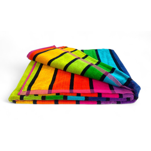 TOALLA DE PLAYA en rizo de puro algodón RIGA MULTICOLOR talla grande cm. 90 X 165 y mochila de playa