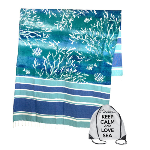 BEACH TOWEL fouta CORALS Seedlings SIZE Large CM.100X200 with backpack Beach KEEP CALM