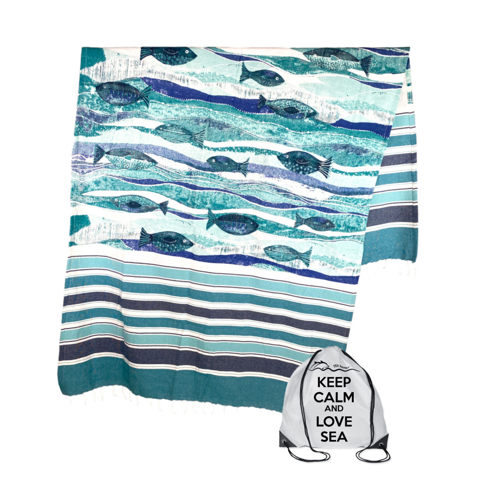 telo mare in cotone con frangie disegnato con pesci sul colore turchese telo mare in cotone con frangie disegnato con pesci sul colore turchese