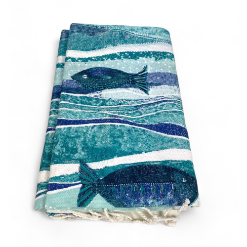 FOUTA BEACH TOWEL Large Blue Fish CM.100X200 with Beach Backpack KEEP CALM