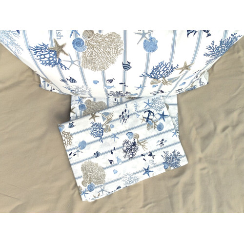 SET MARE Marino Laken CORALS hellblau gestreifter Boden aus reiner Baumwolle