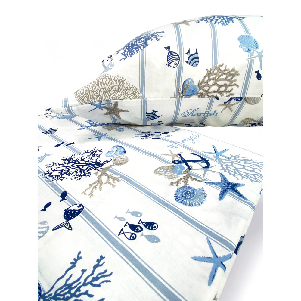 SET MARE Marino Laken CORALS hellblau gestreifter Boden aus reiner Baumwolle