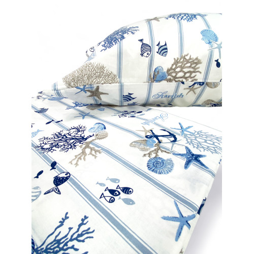 SET MARE Marino Sheets CORALS light blue striped bottom in pure cotton