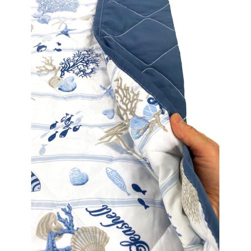 QUILTED BEDSPREAD WITH SEA BOW Corals and Shells with Striped Bottom Made in Italy