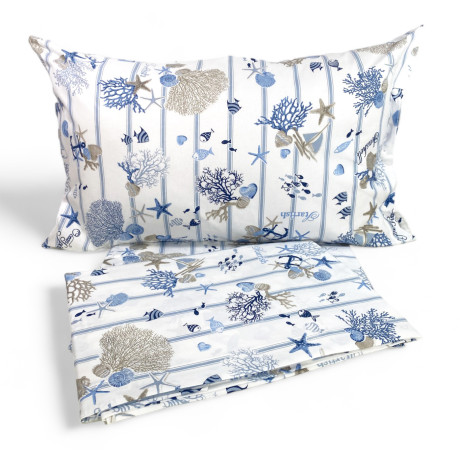 Sheet with blue marine subjects on a white background