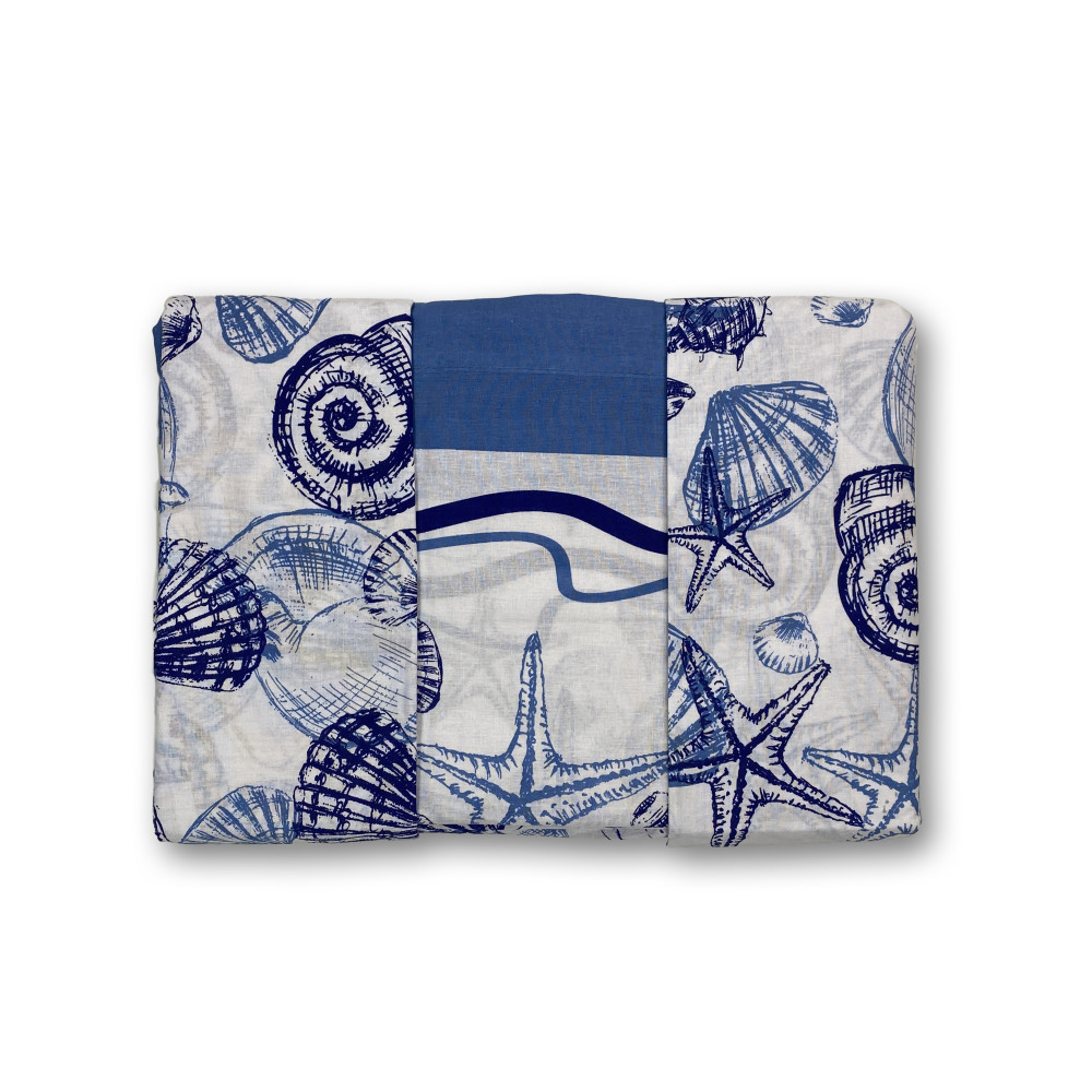 Parure de lit double en pur coton 2 carrés avec motif coquillage bleu