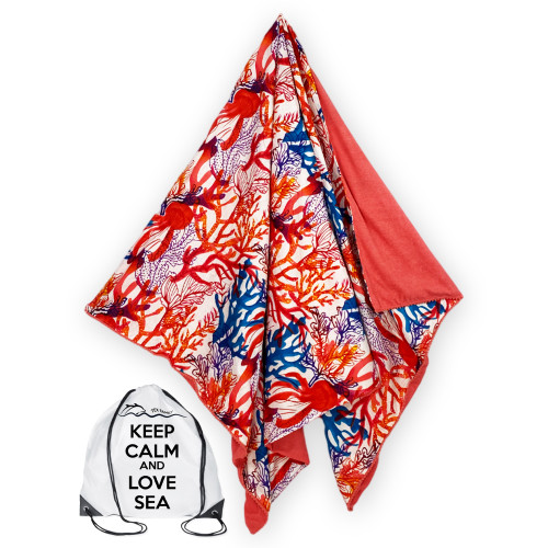 Toalla de playa doble KIKOY en algodón y rizo con mochila KEEP – Estampado de Coral Multicolor