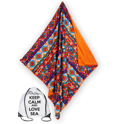 KIKOY double beach towel in cotton and terry cloth with backpack KEEP – India Orange Pattern