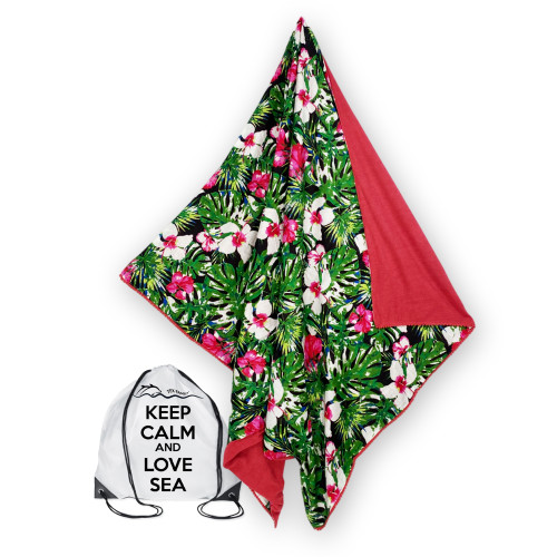 Serviette de plage double KIKOY en coton et éponge avec sac à dos KEEP – Motif Printemps Fuchsia