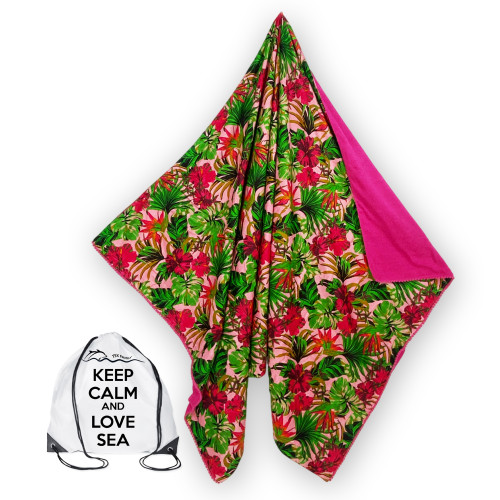Serviette de plage double KIKOY en coton et éponge avec sac à dos KEEP – Motif Fuchsia Tropics