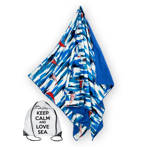 Serviette de plage double KIKOY en coton et éponge avec sac à dos KEEP – Motif Voile Bleu