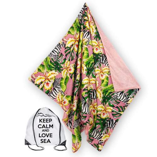 Toalla de playa doble KIKOY en algodón y rizo con mochila KEEP – Estampado Rosa Cebra