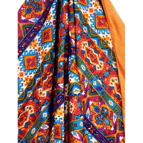 KIKOY Doppeltes Strandtuch aus Baumwolle und Frottee mit Rucksack KEEP – India Orange Pattern