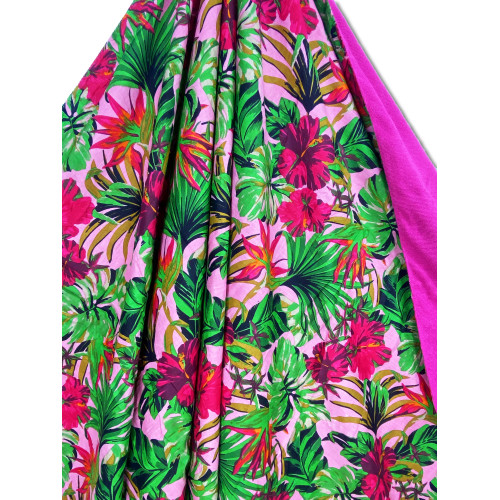 KIKOY Doppeltes Strandtuch aus Baumwolle und Frottee mit Rucksack KEEP – Fuchsia Tropics Muster